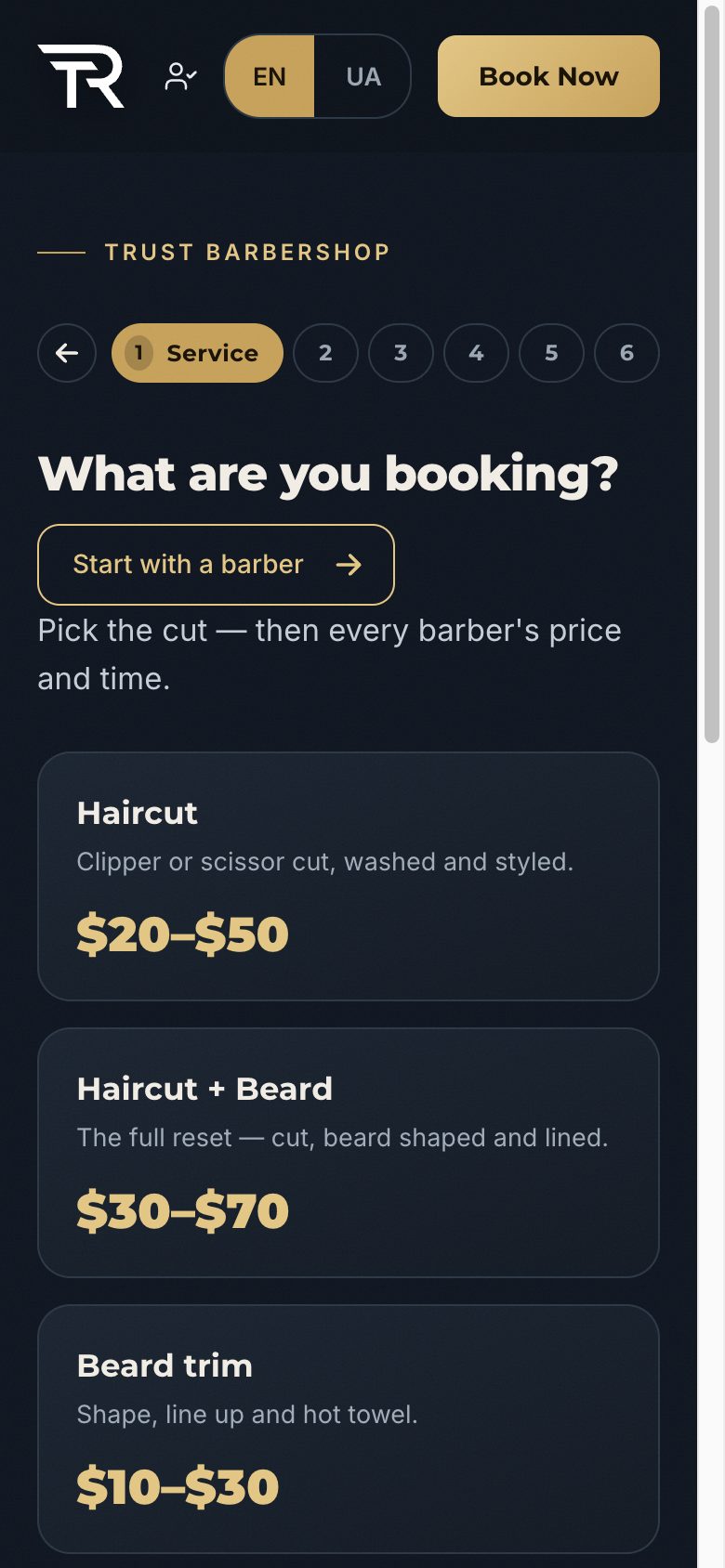Послуги і кнопка «Start with a barber»