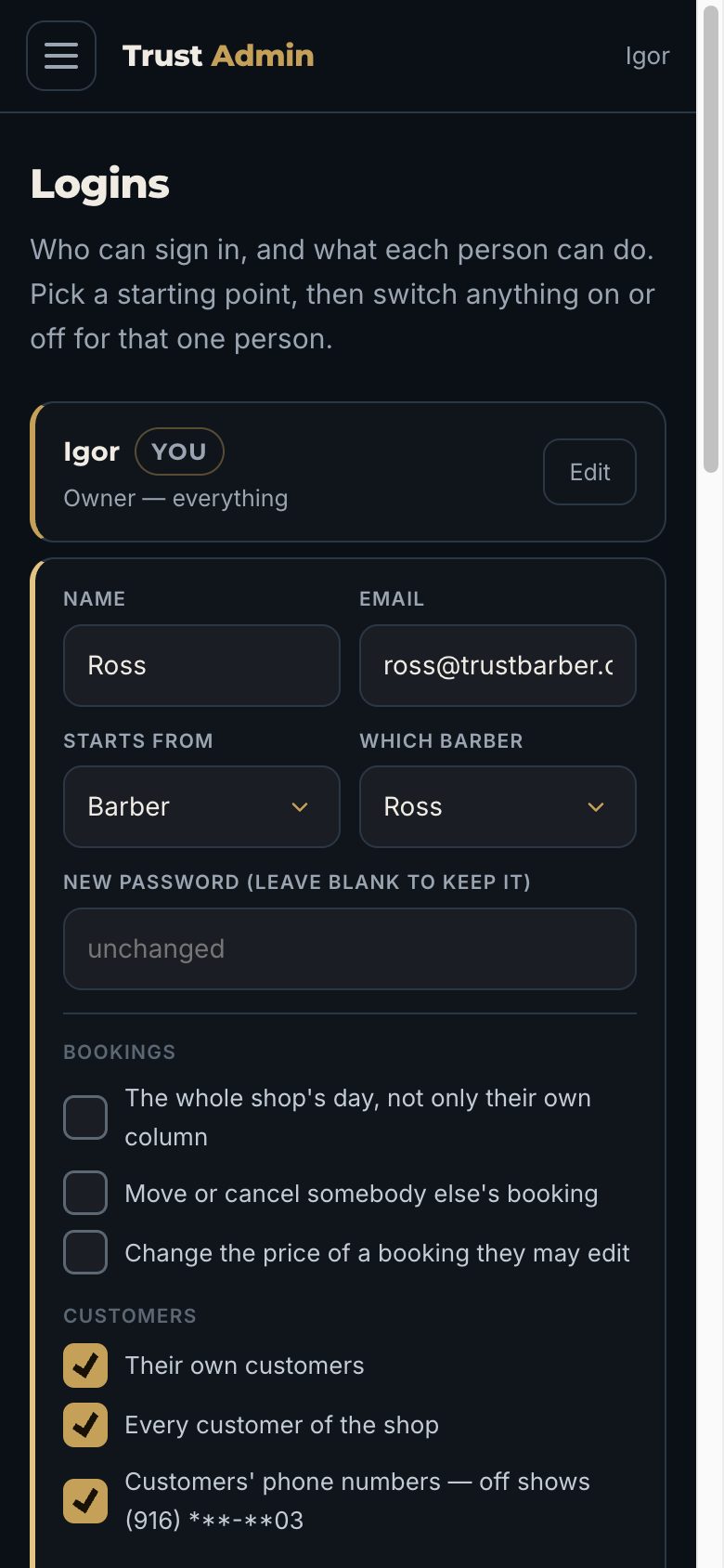 Logins → Edit: галочки для барбера Ross