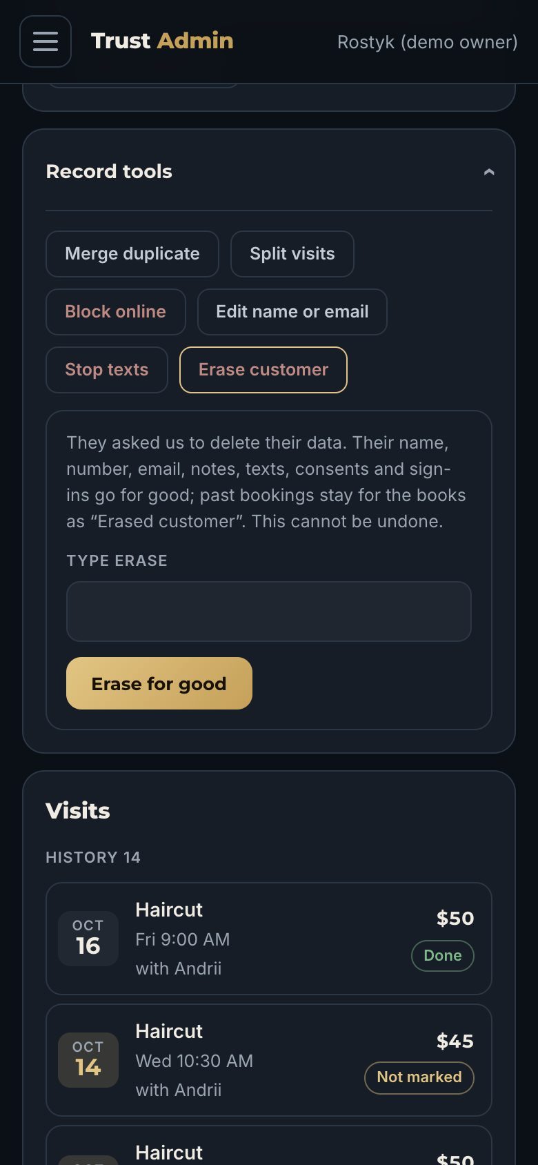 Erase customer: лише після слова ERASE