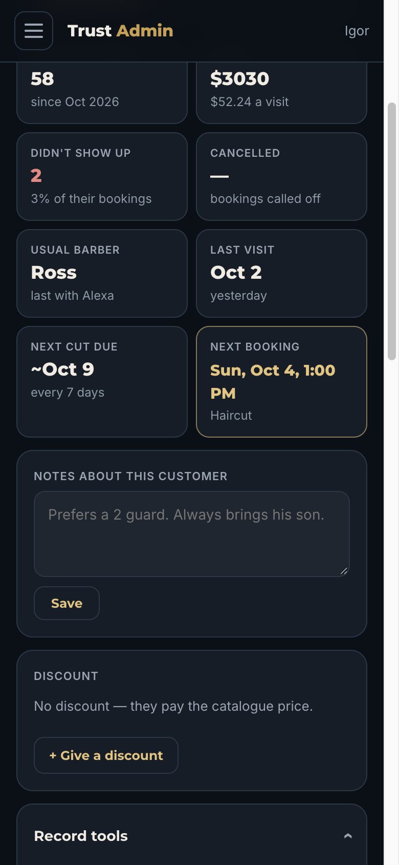 Профіль клієнта: «Next cut due ~Oct 9 · every 7 days»